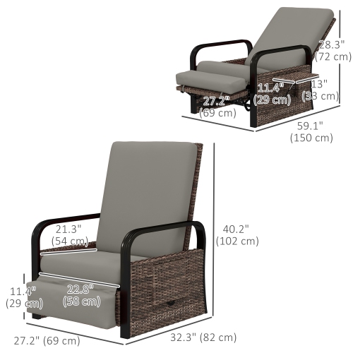 Outsunny Outdoor Recliner Chair, Reclining Outdoor Lounge Chair with Adjustable Backrest and Footrest, Wicker Chair with Flip Side Table, Aluminum