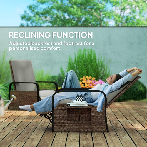 Outsunny Outdoor Recliner Chair, Reclining Outdoor Lounge Chair with Adjustable Backrest and Footrest, Wicker Chair with Flip Side Table, Aluminum