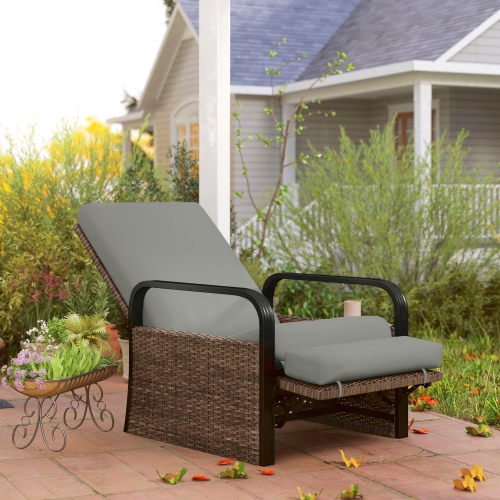 Outsunny Outdoor Recliner Chair, Reclining Outdoor Lounge Chair with Adjustable Backrest and Footrest, Wicker Chair with Flip Side Table, Aluminum