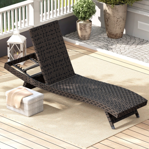 Outsunny PE Rattan Patio Lounger, Foldable Outdoor Lounge Chair with 5-Level Adjustable Backrest, Two Wheels, and Quick-Drying Foam, for Sun Room,