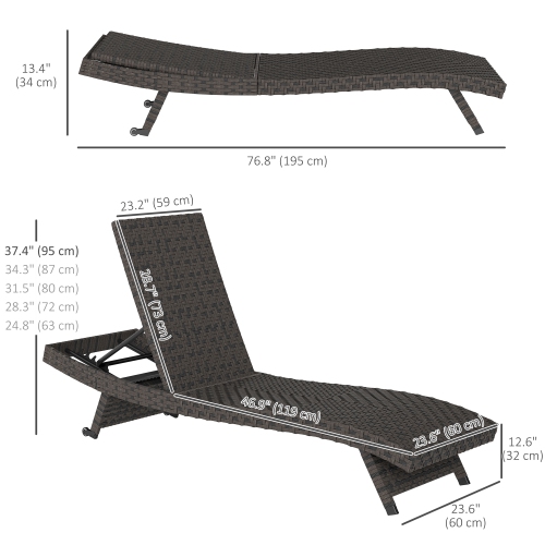 Outsunny PE Rattan Patio Lounger, Foldable Outdoor Lounge Chair with 5-Level Adjustable Backrest, Two Wheels, and Quick-Drying Foam, for Sun Room,