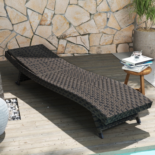 Outsunny PE Rattan Patio Lounger, Foldable Outdoor Lounge Chair with 5-Level Adjustable Backrest, Two Wheels, and Quick-Drying Foam, for Sun Room,