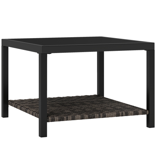 OUTSUNNY  Outdoor Rattan Outdoor Coffee Table, 23.6" Square Patio End Table \w Tempered Glass Tabletop, Storage Shelf, Steel Frame, Wicker Side Table