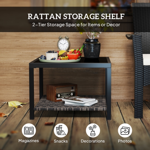 Outdoor Rattan Outdoor Coffee Table, 23.6" Square Patio End Table with Tempered Glass Tabletop, Storage Shelf, Steel Frame, Wicker Side Table for