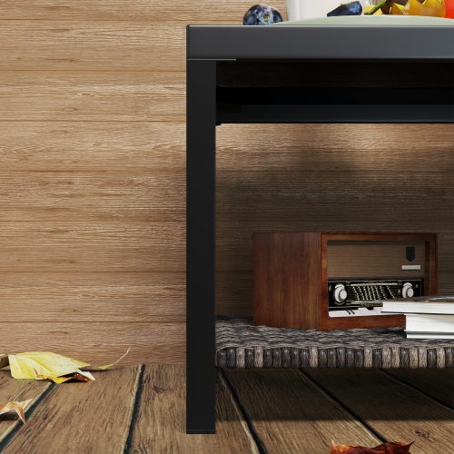 Outdoor Rattan Outdoor Coffee Table, 23.6" Square Patio End Table with Tempered Glass Tabletop, Storage Shelf, Steel Frame, Wicker Side Table for