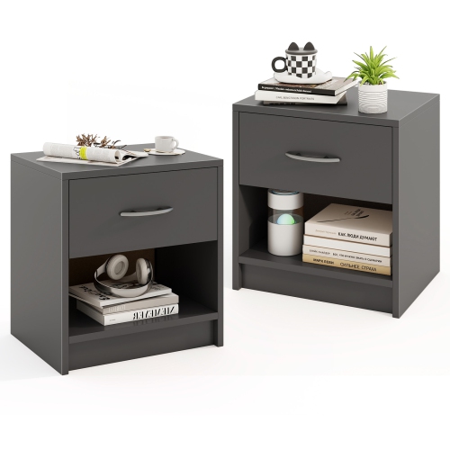 GYMAX  2 PCs Nightstand W/ Drawer Side Table W/ Slide-Out Drawer Open Storage Shelf