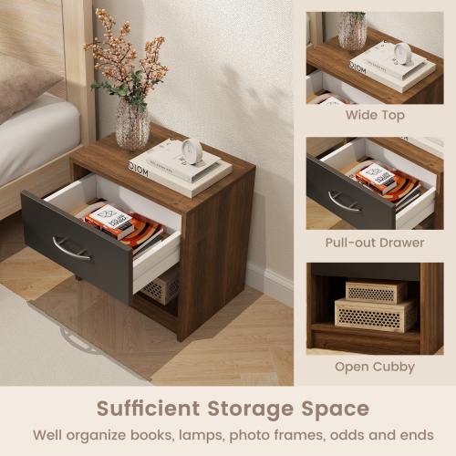 Gymax 2 PCS Nightstand w/ Drawer Side Table w/ Slide-out Drawer Open Storage Shelf