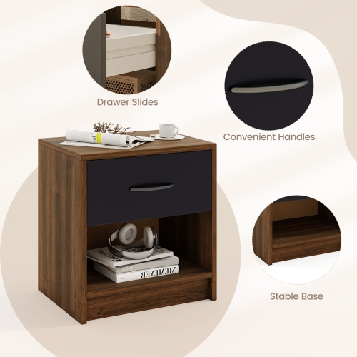 Gymax 2 PCS Nightstand w/ Drawer Side Table w/ Slide-out Drawer Open Storage Shelf