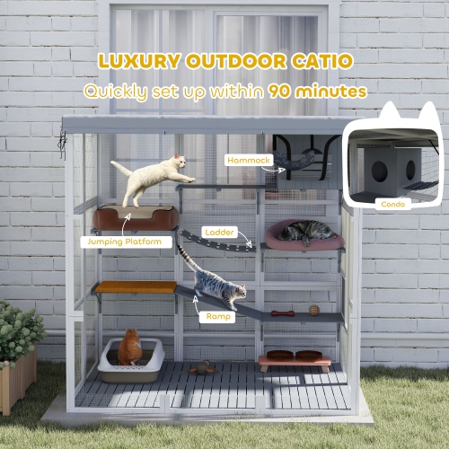 PawHut Catio Outdoor Cat Enclosure, 71" Large Wooden Cat House w/ Weatherproof Tarp, Walk-in Kitty Cage with Hammock, Condo, Platforms, Ladders,