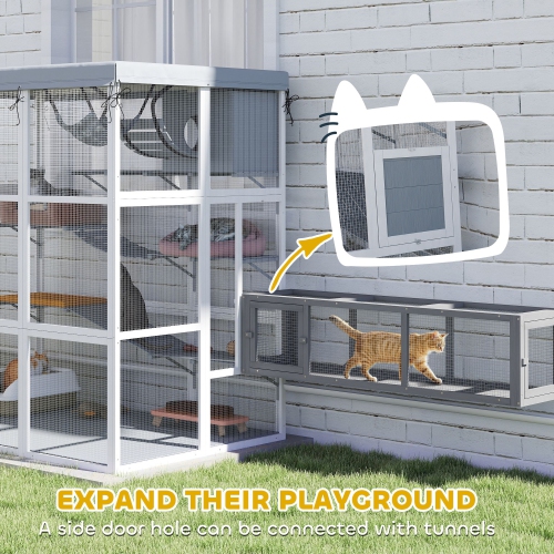 PawHut Catio Outdoor Cat Enclosure, 71" Large Wooden Cat House w/ Weatherproof Tarp, Walk-in Kitty Cage with Hammock, Condo, Platforms, Ladders,