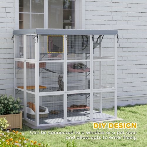 PawHut Catio Outdoor Cat Enclosure, 71" Large Wooden Cat House w/ Weatherproof Tarp, Walk-in Kitty Cage with Hammock, Condo, Platforms, Ladders,