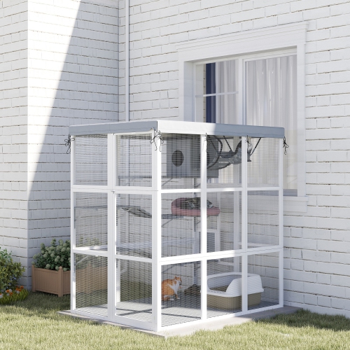 PawHut Catio Outdoor Cat Enclosure, 71" Large Wooden Cat House w/ Weatherproof Tarp, Walk-in Kitty Cage with Hammock, Condo, Platforms, Ladders,