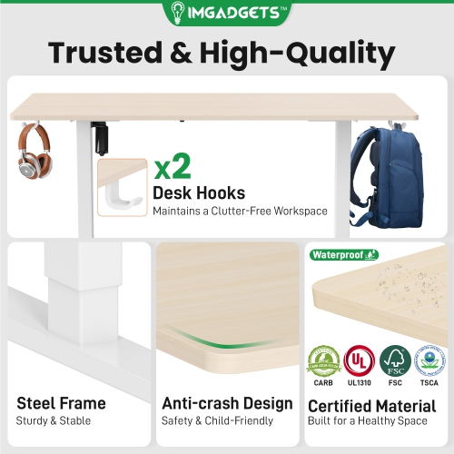 IMGadgets Electric Height-Adjustable Standing Desk with 47" x 24" Tabletop| Ideal for Home-Office Use | 3 Memory Presets, Adjustable Height Range