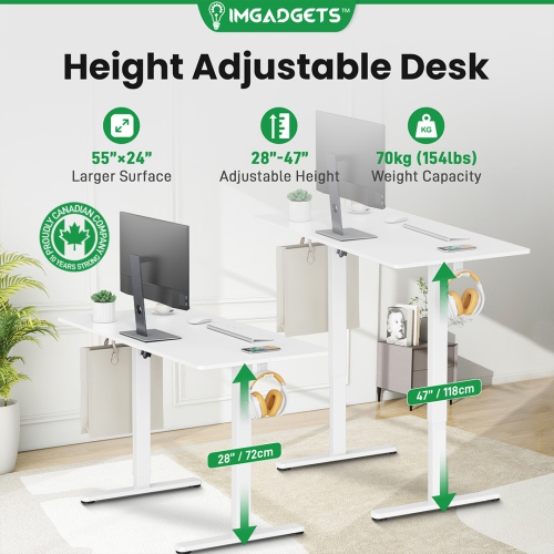 IMGadgets Standing Electric Adjustable Desk | 55'' x 24'' Large Workspace with 2 hooks | Ergonomic Sit-Stand Desk | 3-Memory Settings | Height