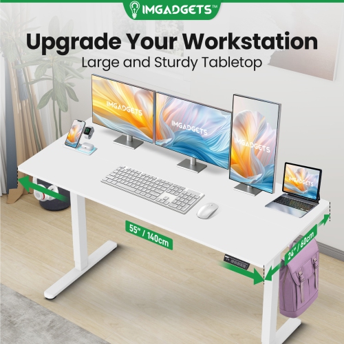IMGadgets Standing Electric Adjustable Desk | 55'' x 24'' Large Workspace with 2 hooks | Ergonomic Sit-Stand Desk | 3-Memory Settings | Height