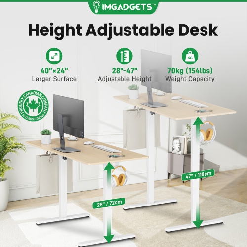 IMGadgets Standing Electric Adjustable Desk | 40'' x 24'' Large Workspace with 2 hooks | Ergonomic Sit-Stand Desk | 3-Memory Settings | Height