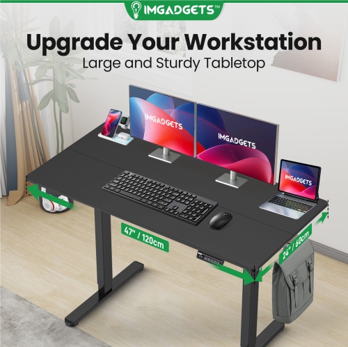 IMGadgets Standing Electric Adjustable Desk | 47'' x 24'' Large Workspace with 2 hooks | Ergonomic Sit-Stand Desk | 3-Memory Settings | Height