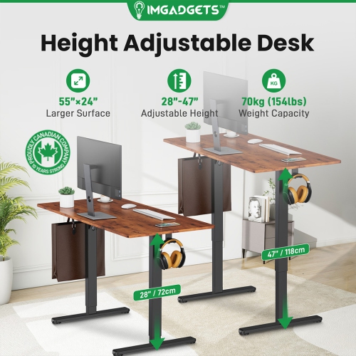 IMGadgets Standing Electric Adjustable Desk | 55'' x 24'' Large Workspace with 2 hooks | Ergonomic Sit-Stand Desk | 3-Memory Settings | Height