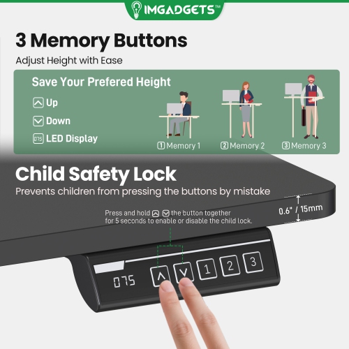 Bureau assis/debout électrique d'IMGadgets | Surface de 55 x 24 po avec 2 crochets | Bureau assis/debout ergonomique | 3 mémoires de réglages |
