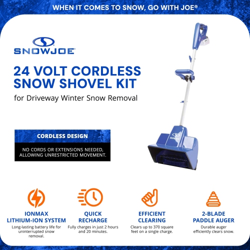 Snow Joe 24V 5Ah Cordless Snow Shovel Kit for Car Driveway Snow Removal, Blue