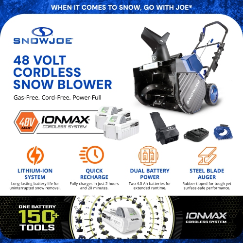 Snow Joe 24 V Snow Blower IONMAX, 2x4.0-Ah Batteries, Dual Port Charger, & Cover