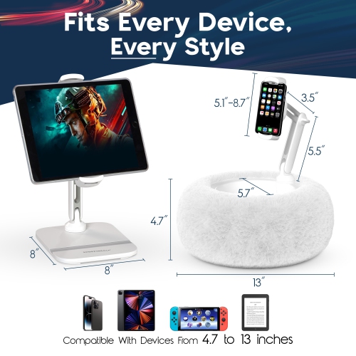 SHOPPINGALL 2-in-1 Tablet Holder Pillow Stand for 4.7"-13" Phone/Tablet/iPad/Kindle, 360° Adjustable Stand for Bed with Detachable Soft Plush Fabric