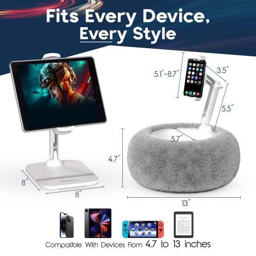 SHOPPINGALL 2-in-1 Tablet Holder Pillow Stand for 4.7"-13" Phone/Tablet/iPad/Kindle, 360° Adjustable Phone Holder for Bed with Detachable Soft Plush