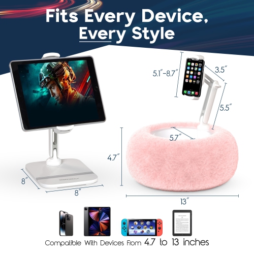 SHOPPINGALL 2-in-1 Tablet Holder Pillow Stand for 4.7"-13" Phone/Tablet/iPad/Kindle, 360° Adjustable Phone Holder for Bed with Detachable Soft Plush