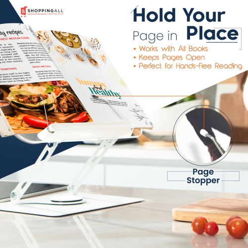 SHOPPINGALL Acrylic Book Riser for Reading, Book Holder with 360° Rotating Base, Elastic Book Clips, Multi-Purpose Stand for Recipe, Cookbook,