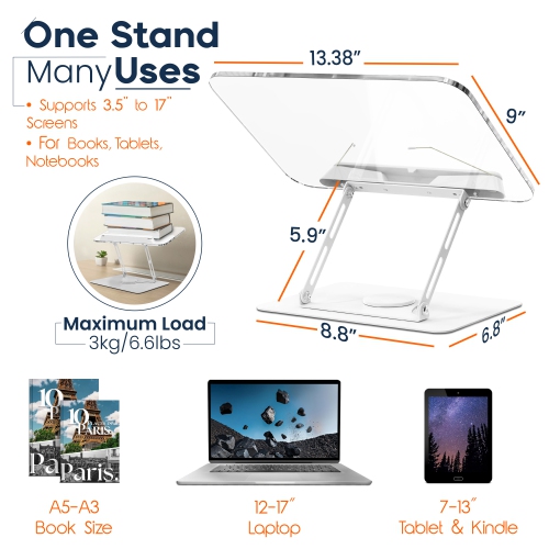 SHOPPINGALL Acrylic Book Riser for Reading, Book Holder with 360° Rotating Base, Elastic Book Clips, Multi-Purpose Stand for Recipe, Cookbook,