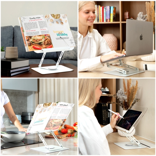 SHOPPINGALL Acrylic Book Riser for Reading, Book Holder with 360° Rotating Base, Elastic Book Clips, Multi-Purpose Stand for Recipe, Cookbook,