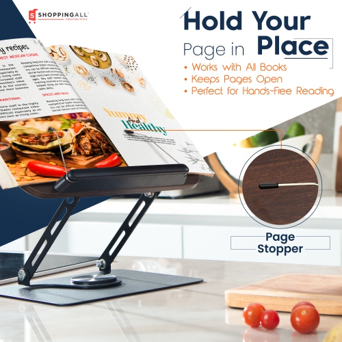 SHOPPINGALL Book Stand for Reading, Book Holder with 360° Rotating Base, Elastic Book Clips, Multi-Purpose Display Riser for Recipe, Cookbook,