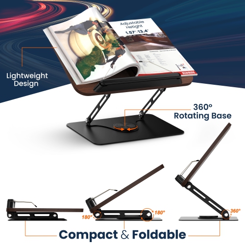 SHOPPINGALL Book Stand for Reading, Book Holder with 360° Rotating Base, Elastic Book Clips, Multi-Purpose Display Riser for Recipe, Cookbook,