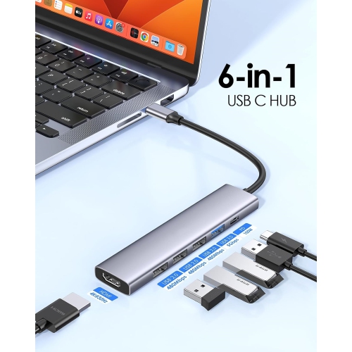 6 in 1 USB C Hub, USB C to HDMI Adapter with 4K HDMI, USB 3.0 & 2.0, 100W PD Charging, USB C Hub Multiport Adapter for New MacBook Air/Pro, Space Gray
