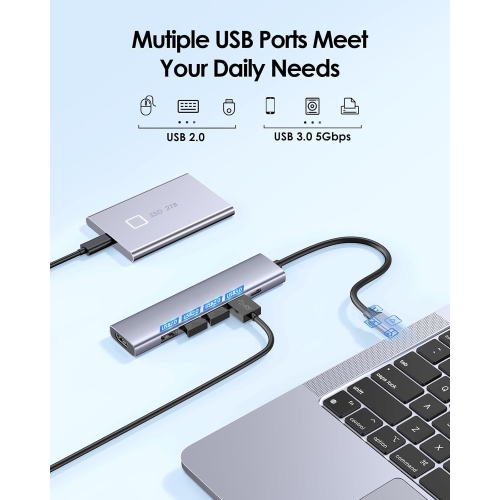 6 in 1 USB C Hub, USB C to HDMI Adapter with 4K HDMI, USB 3.0 & 2.0, 100W PD Charging, USB C Hub Multiport Adapter for New MacBook Air/Pro, Space Gray