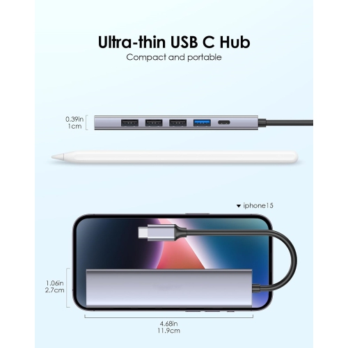 6 in 1 USB C Hub, USB C to HDMI Adapter with 4K HDMI, USB 3.0 & 2.0, 100W PD Charging, USB C Hub Multiport Adapter for New MacBook Air/Pro, Space Gray