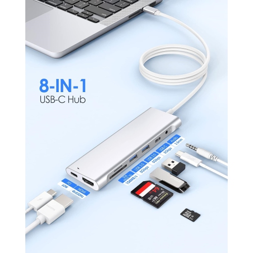 3.3FT 8 in 1 USB C Hub, Multiport Adapter with 4K HDMI, USB 3.0, USB C Data Port, Card Reader, Aux, 100W PD for New MacBook Pro/Mac Air, iPhone 15