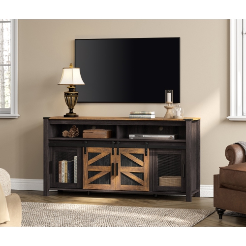Image 1 of 9.. WAMPAT Farmhouse TV Stand for 65 Inch TV, Antique Black & Brown Entertainment Center with Sliding Barn Doors and Mesh Doors, Tall Media Console with