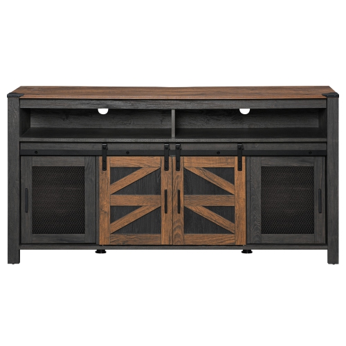 WAMPAT Farmhouse TV Stand for 65 Inch TV, Antique Black & Brown Entertainment Center with Sliding Barn Doors and Mesh Doors, Tall Media Console with