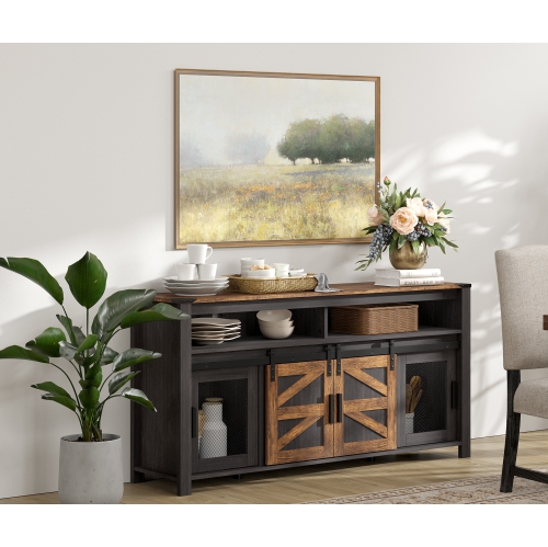 WAMPAT Farmhouse Buffet Cabinet Sideboard with Sliding Barn Doors, 59" Coffee Bar Storage Cabinet with Mesh Doors, Antique Black & Brown Cupboard