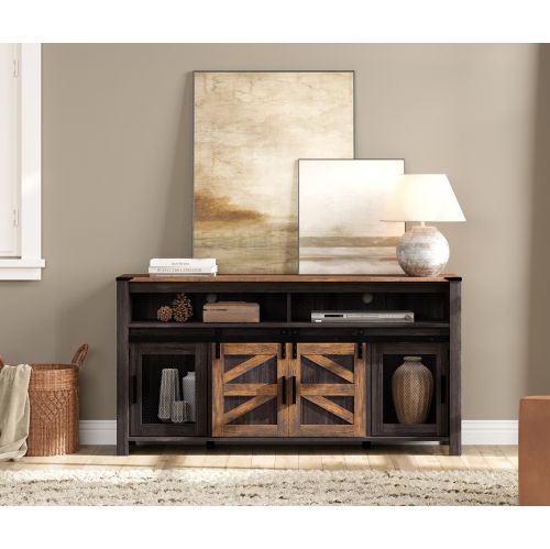 WAMPAT Farmhouse Buffet Cabinet Sideboard with Sliding Barn Doors, 59" Coffee Bar Storage Cabinet with Mesh Doors, Antique Black & Brown Cupboard
