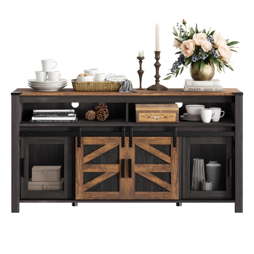 WAMPAT Farmhouse Buffet Cabinet Sideboard with Sliding Barn Doors, 59" Coffee Bar Storage Cabinet with Mesh Doors, Antique Black & Brown Cupboard