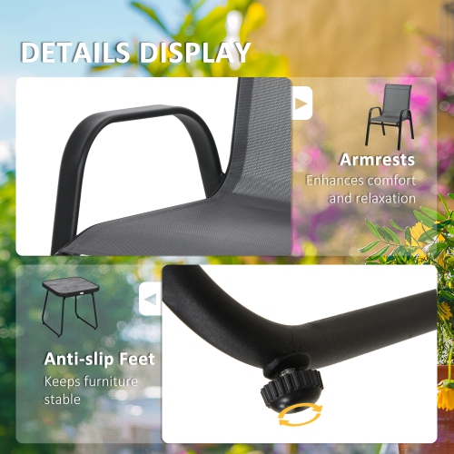 Outsunny 3-Piece Patio Bistro Set, Outdoor Table and Chairs with Stackable Chairs, Breathable Mesh Fabric for Balcony, Light Grey