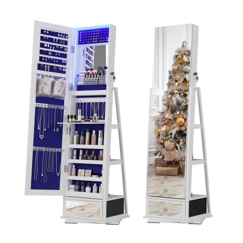 Vlsrka Jewelry Cabinet with 3 LED Light, 360° Swivel Jewelry Storage with Full Length Mirror Standing Lockable Jewelry Armoire Organizer for Girls/Wo