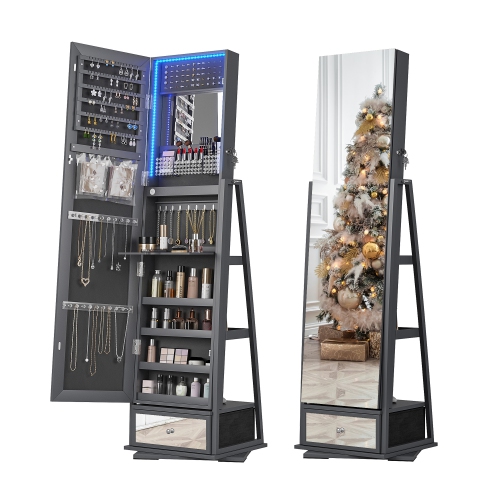 Vlsrka Jewelry Cabinet with 3 LED Light, 360° Swivel Jewelry Storage with Full Length Mirror Standing Lockable Jewelry Armoire Organizer for Girls/Wo