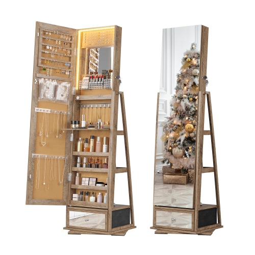 Vlsrka Jewelry Cabinet with 3 LED Light, 360° Swivel Jewelry Storage with Full Length Mirror Standing Lockable Jewelry Armoire Organizer for Girls/Wo