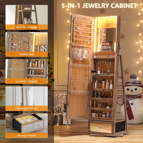 Vlsrka – Armoire à bijoux avec 3 lumières LED, pivotante à 360°, miroir pleine longueur, armoire à bijoux verrouillable et range-tout pour