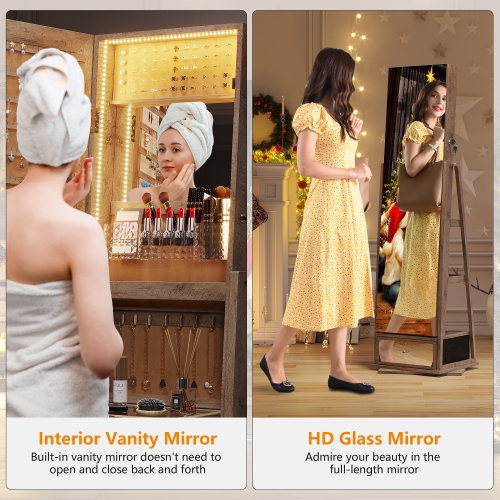 Vlsrka – Armoire à bijoux avec 3 lumières LED, pivotante à 360°, miroir pleine longueur, armoire à bijoux verrouillable et range-tout pour