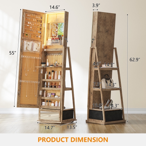 Vlsrka – Armoire à bijoux avec 3 lumières LED, pivotante à 360°, miroir pleine longueur, armoire à bijoux verrouillable et range-tout pour