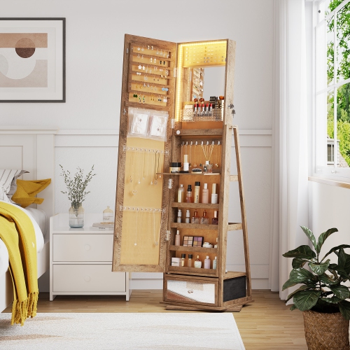 Vlsrka – Armoire à bijoux avec 3 lumières LED, pivotante à 360°, miroir pleine longueur, armoire à bijoux verrouillable et range-tout pour